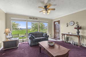 Living area featuring carpet, ceiling fan, healthy amount of natural light, a textured ceiling, and ornamental molding