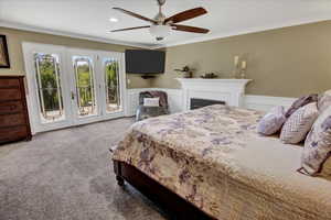 Bedroom with access to exterior, carpet, ornamental molding, wainscoting, and a ceiling fan