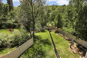View of yard with a view of trees
