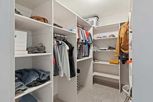 Walk in closet featuring carpet flooring