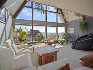 Carpeted living room with high vaulted ceiling and a mountain view