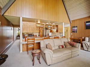 Living area featuring light carpet, wood walls, high vaulted ceiling, a baseboard radiator, and wood ceiling