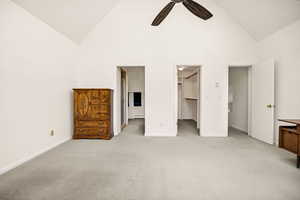 Unfurnished bedroom with light carpet, baseboards, high vaulted ceiling, a spacious closet, and a baseboard heating unit