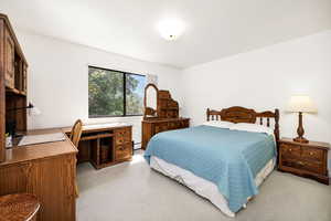 Bedroom with light colored carpet, an office area, and a baseboard heating unit