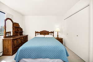 Carpeted bedroom featuring baseboard heating and a closet