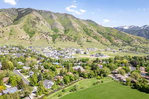 Aerial perspective of suburban area with mountains