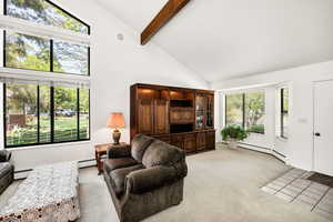 Living room featuring light carpet, high vaulted ceiling, a baseboard radiator, and beam ceiling