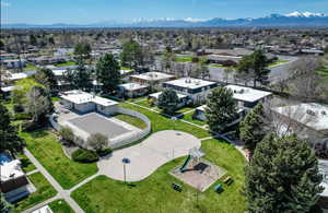 Aerial view of residential area with a mountain backdrop