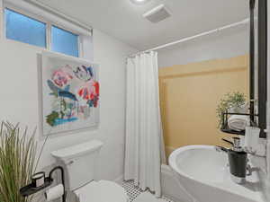 Full bathroom with toilet, curtained shower, and a sink
