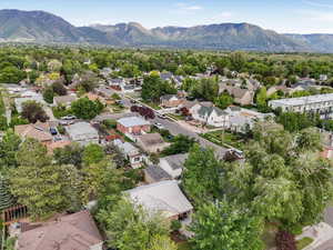 Aerial perspective of suburban area with mountains