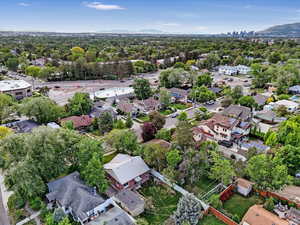 Aerial view of residential area with mountains