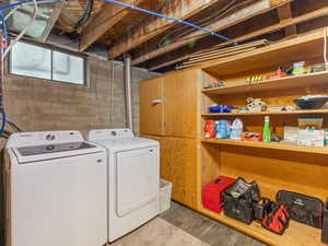 Laundry room featuring washing machine and clothes dryer and wood finished floors