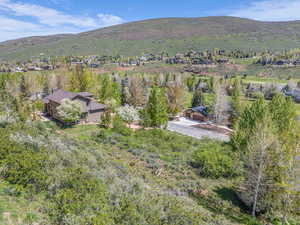 Aerial perspective of suburban area featuring a mountain backdrop