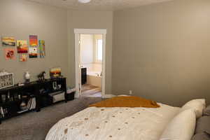 Bedroom featuring a textured ceiling, carpet flooring, and ensuite bathroom