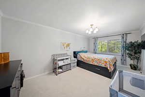 Bedroom with crown molding, carpet floors, a chandelier, and baseboards
