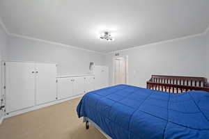 Bedroom with crown molding and light carpet