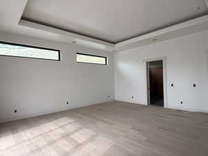 Spare room with a tray ceiling and light wood-style floors