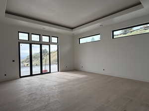 Unfurnished room featuring a raised ceiling and light wood-style flooring
