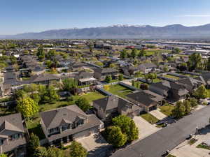 Aerial view of residential area with mountains