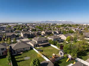 Aerial perspective of suburban area with mountains