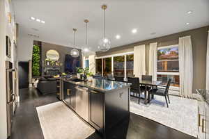 Kitchen featuring stainless steel dishwasher, open floor plan, dark wood finished floors, dark cabinets, and a sink