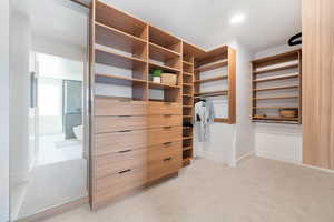 Spacious closet featuring light colored carpet