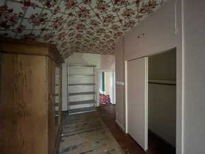 Additional living space featuring wood finished floors and vaulted ceiling