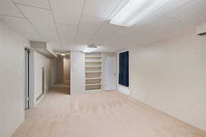 Finished below grade area with carpet floors, built in features, wood walls, and baseboards
