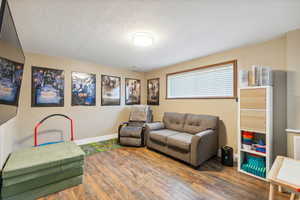 Living room featuring wood finished floors, baseboards, and a textured ceiling