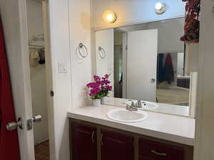 Bathroom with vanity and wood finished floors
