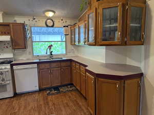 Kitchen featuring white appliances, a sink, under cabinet range hood, dark wood-type flooring, and a textured ceiling
