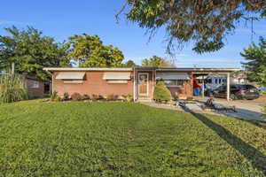 Ranch-style house featuring a front yard, brick siding, an attached carport, and concrete driveway