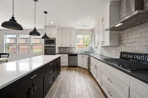 Kitchen with wall chimney range hood, stainless steel appliances, dark cabinets, white cabinetry, and decorative backsplash