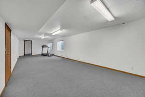 Below grade area with baseboards, carpet floors, and a textured ceiling