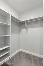 Spacious closet with dark colored carpet