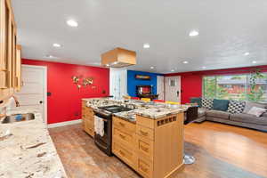 Kitchen with stainless steel gas range, a sink, recessed lighting, open floor plan, and quarter-sawn oak cabinet