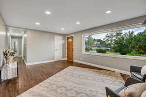 Living room with baseboards, dark wood-style floors, and recessed lighting