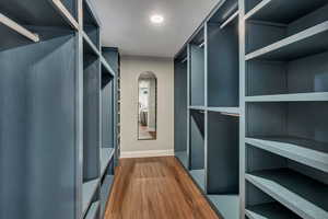 Spacious closet with arched walkways and dark wood finished floors