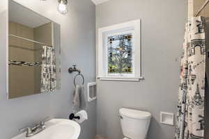 Bathroom featuring a sink, toilet, and a shower with curtain