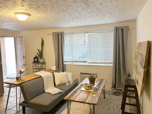 Living area featuring a textured ceiling