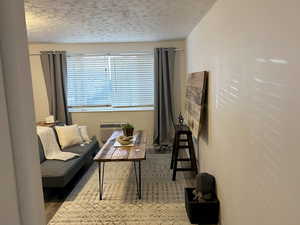Living room featuring a textured ceiling and wood finished floors