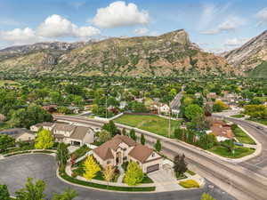 Aerial view of residential area with a mountain backdrop