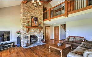 Beautiful stone fireplace with wood burning stove