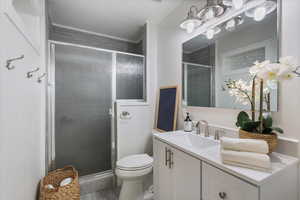 Full bathroom featuring a stall shower, toilet, and vanity