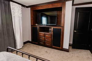 Bedroom featuring carpet flooring, baseboards, and crown molding