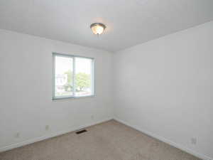 Unfurnished room with baseboards and light colored carpet