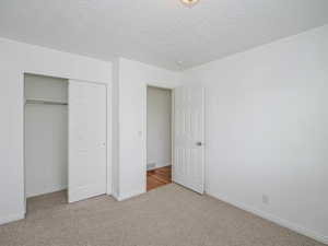 Unfurnished bedroom featuring carpet floors, a closet, baseboards, and a textured ceiling