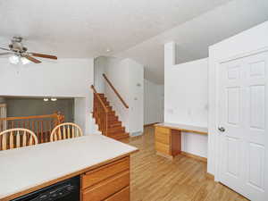 Kitchen featuring light wood finished floors, ceiling fan, black dishwasher, light countertops, and a textured ceiling