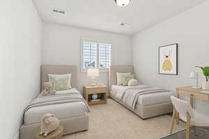 Bedroom with light colored carpet