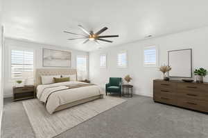 Bedroom featuring light carpet and ceiling fan